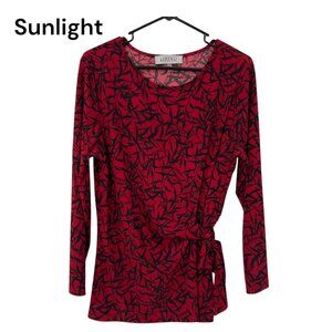 Kasper Womens SZ L Red & Black Printed Long Sleeve Top Blouse With Sash Belt